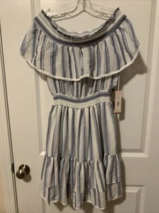 Eva Mendes NY&C Blue Striped Off The Shouler Dress Size Medium NWT - Picture 1 of 9