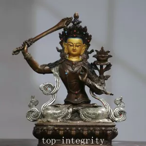 9 Zoll reine Bronze vergoldete Malerei Silber Wenshu Manjushri Kwan-yin Göttin Statue - Bild 1 von 9