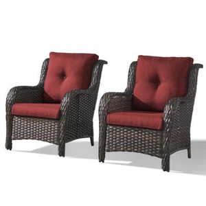 Pocassy Outdoor Lounge Chair All-Weather Resin Wicker w/ Red Cushion (2-Pack) - Picture 1 of 5