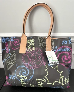 Ganni Banner Leather Tote Bag Carmine Rose Graphic Print Logo Shoulder Bag NEW - Picture 1 of 7
