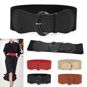 UK  Wide Elastic Belt Ladies Cinch Waist Stretch Belt Ladies Faux Leather Belt - Picture 1 of 13