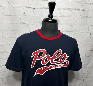 Ralph Lauren Polo Navy Script Spell Out Short Sleeve Ringer T Shirt Men's Large - Picture 1 of 7