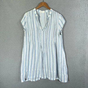 CP Shades Dress Womens Medium Blue Linen Striped V Neck Tunic Made Pintuck front - Picture 1 of 12