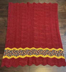 Handmade Dark Red / Maroon With Zigzag Contrast Crocheted Throw Scalloped 39x52” - Picture 1 of 5