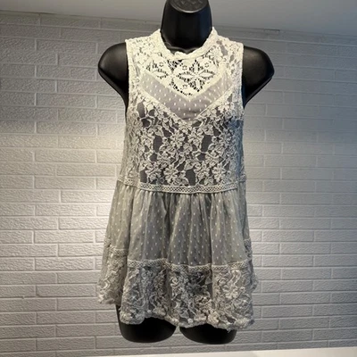 Blusa túnica sin mangas Free People blanca de encaje con cuello falso M Foto 1 de 4