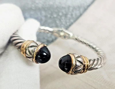 (Pre 2000) Lorenzo Sterling & 18K Gold Hinged Cuff Bracelet Black Onyx Cabochon - Image 1 of 4