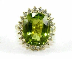 7.54 Ct Oval Cut Natural Peridot Diamond Ring of Wife 14K Yellow Gold - Picture 1 of 8
