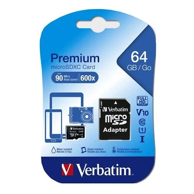 Carte memoire micro SD SDHC SDXC capacité 64 go classe 10 Verbatim + adaptateur - Photo 1/4