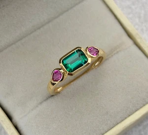 2 Ct Emerald Cut Simulated Emerald Bezel Set Wedding Ring 14k Yellow Gold Plated - Picture 1 of 11