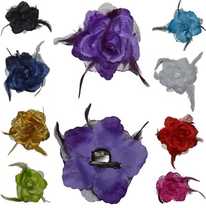 Ansteckblume Haarschmuck mit Federn Haarblume Ansteckblüte Glitzer Hochzeit - Picture 1 of 52