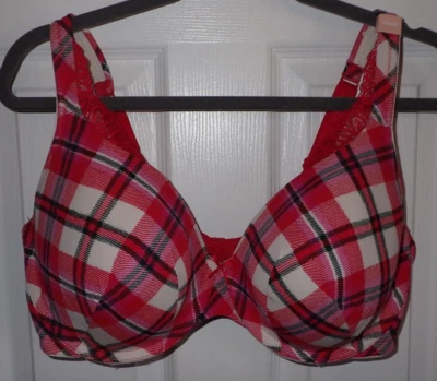 Lane Bryant Cacique Bra 40DDD Lined Cotton T-Shirt Valentine's Red Pink Plaid  - Image 1 of 4