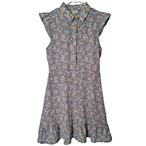 Women Lg Button-Up A-Line Dress Sleeveless Ruffle Sleeve Hem Blue Floral Monteau - Picture 1 of 10