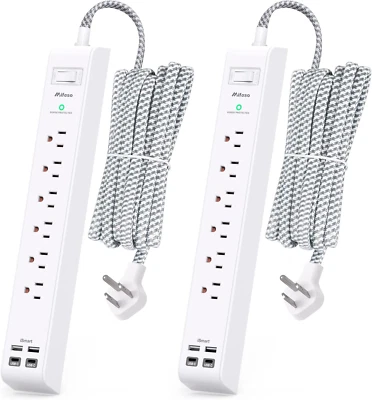 10Ft Extension Cord Power Strip - 6 Outlets, 4 USB Ports, Flat Plug, 2 Pack - Image 1 of 4