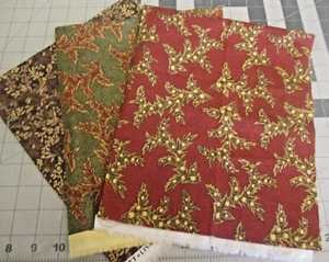 Lot of 3  Fat Quarters Leaf Design Reds Greens Browns Each  18x22 Cotton Fabric - Picture 1 of 4