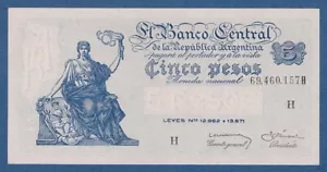 ARGENTINA -- 5 PESOS ND ( 1958 ) -- aUNC -- SERIE H - BLACK SERIAL # - PICK 264d - Imagen 1 de 2