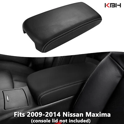 Fits 2009-2014 Nissan Maxima Black Leather Console Lid Armrest Cover Gray Stitch - Image 1 of 4