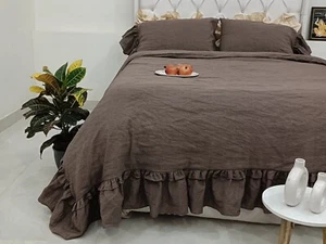 Linen Ruffle Duvet Cover Set, Rusty Style Linen Bedding with Double Ruffle - Picture 1 of 8