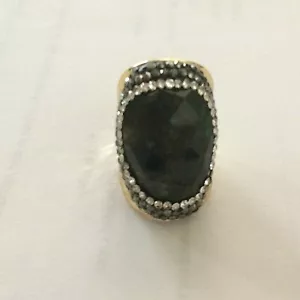 CIGAR WIDE BAND LABRADORITE FACETED PAVE ZIRCON GOLD PLATED RING 136023 SIZE 6.5 - Picture 1 of 2