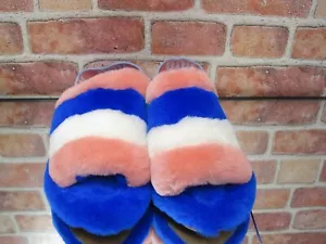 UGG Women's Fluff Yeah Slide Sz 6 Blue White Peach Fur - Picture 1 of 7