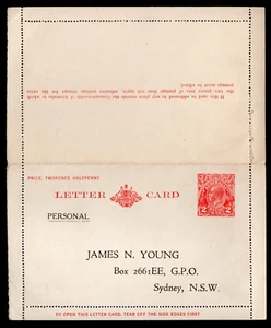 Tarjeta letra escarlata 2d Australia KGV c.1922 JAMES YOUNG impresión privada como nueva - Imagen 1 de 5