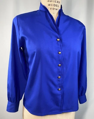 Vintage Women’s Shirt SIZE 4 PETITE SMALL blue button high neck 80s 90s classic - Image 1 of 4
