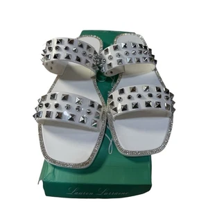Lauren Lorraine “Studley” White Studded Rhinestone Slide Sandals – Size 6.5 NWT - Picture 1 of 5