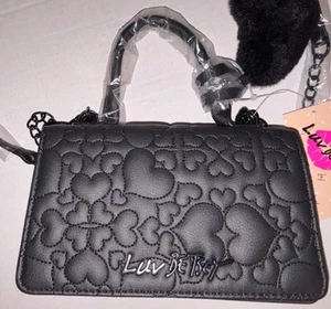 Betsey Johnson LBEVIE Hearts Puffy Black Crossbody Bag Purse Quilted NWT Pom Pom - Picture 1 of 19