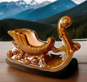 VINTAGE CERAMIC SLEIGH PLANTER CANDY DISH BROWN MID CENTURY MCM CHRISTMAS  - Picture 1 of 11