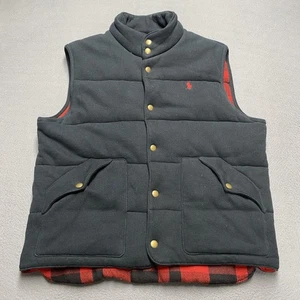 Polo Ralph Lauren Vest Mens Large Black Snap Front Puffer Buffalo Plaid Lined - Picture 1 of 6