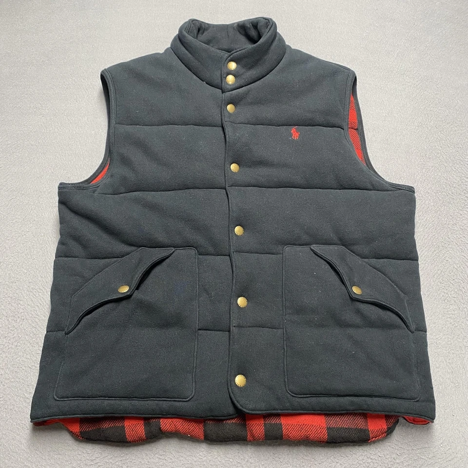 Polo Ralph Lauren Vest Mens Large Black Snap Front Puffer Buffalo Plaid Lined - Image 1 of 4