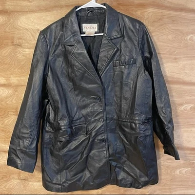 Venezia Vitale Black Genuine Leather Blazer Womens 18W Button Front Career - Image 1 of 4