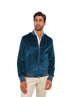 $3800 ISAIA NAPOLI Petrol Blue Bomber Jacket Velvet Cotton / Linen 38 US / 48 EU - Image 1 of 4