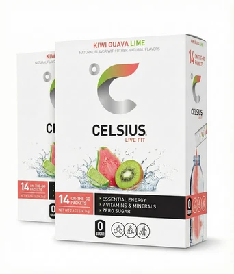 Pacote com 2 pó energético CELSIUS Kiwi goiaba limão em movimento 14 palitos 200mg cafeína - Imagem 1 de 4