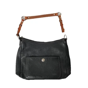 Coach Chelsea Handtasche schwarz genarbtes Leder brauner Besatz Schulterhandtasche 8E98 LESEN - Bild 1 von 16