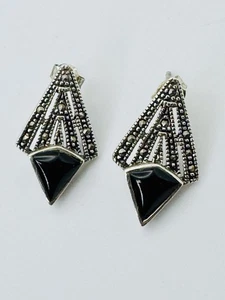 Han Thai 925 Sterling Silber Markasit & schwarzer Onyx Art Deco Ohrringe - 3,7 g - Bild 1 von 12