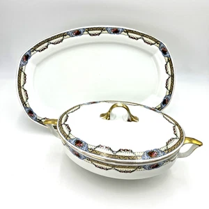 Hand-Painted Czech Slovakie Whit Block Oval Covered Bowl/Server + Large Platter - Picture 1 of 20