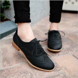 Brogue Women Lace Up Wing Tip Oxford College Style Flat Fashion Shoes Plus Sz @H - Picture 1 of 15