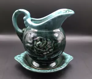 Vintage Hull USA Pottery Rose Design Pitcher and Saucer- Green - Picture 1 of 12