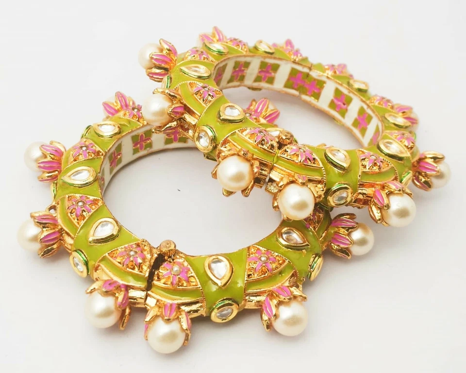 Pakistani Indian Bollywood Bangle Bracelet Pearl Set Pair Gold Plated Enameled - Image 1 of 1