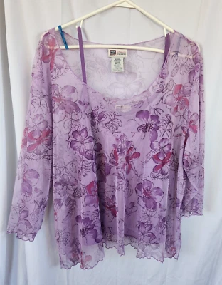 Vintage Faded Glory 2 piece W 22/24 purple cami and sheer overlay blouse floral - Image 1 of 4