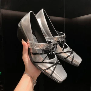 Women's 2023 Chic Leather Square Toe Studs Bowtie Block Heel Mary Jane Shoes SUN - Picture 1 of 14