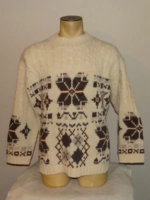 Mens ESPRIT wool alpaca ivory cream & brown crewneck cable knit sweater Large - Image 1 of 4