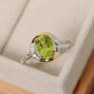3Ct Oval Cut Peridot Simulated Engagement Women's Ring 14k Two Tone Gold Plated - Picture 1 of 4