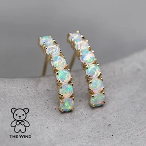 Minimalist Australian Solid Opal Curved Stud Earrings 14K Yellow Gold - Picture 1 of 11
