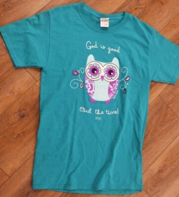 KERUSSO Mujer NUEVO SIN ETIQUETAS Talla S Verde Azulado Algodón/Poliéster Cuello en U Camiseta con Estampado de Búho Foto 1 de 4