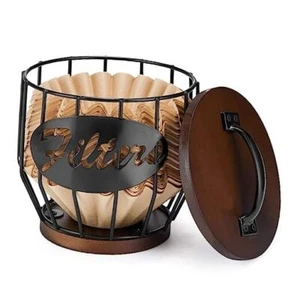 Coffee Filter Holder with Wood Lid,Wood and Metal Coffee Filter 5.3×5.5in - Picture 1 of 8