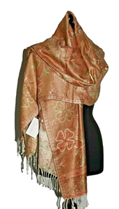 Schal Stola Pashmina Wolle Orange - Grün Geblümt Handarbeit-Indien - Bild 1 von 11