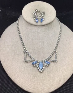 Vintage Costume Blue Glass Stone & Clear Rhinestone Necklace Set 18" C548 - Picture 1 of 5