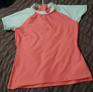 Eddie Bauer Swim Shirt Girls 10/12 Green Pink Short Sleeve Mock Neck - Picture 1 of 4