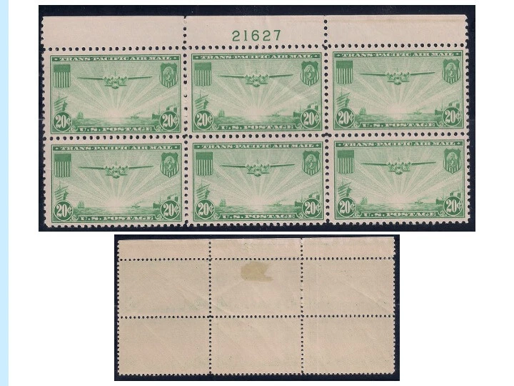 US Early AIrmail Stamps, C21, Top Plate Number Block, Mint, LH, OG, VF-XF - Image 1 of 1